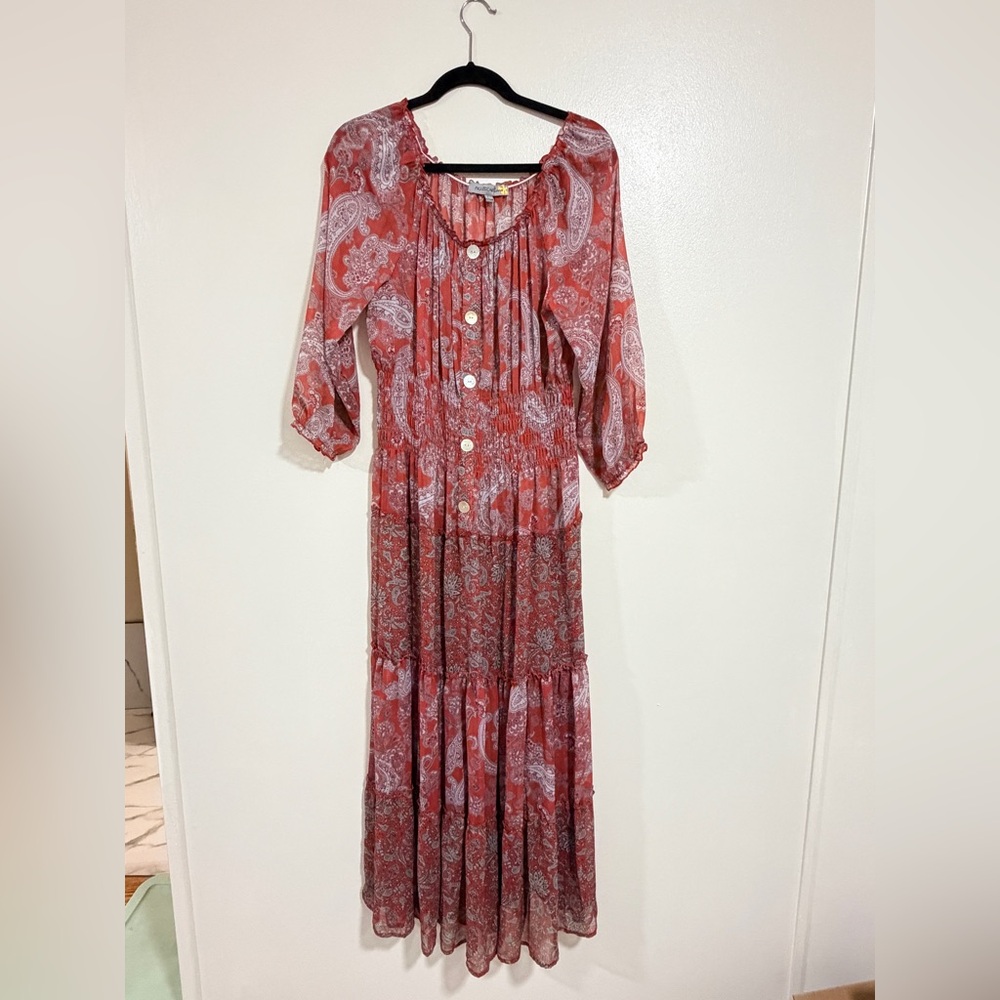 Fig & Flower Anthropologie Paisley Sheer Maxi Dress Women's Size L Romantic Boho